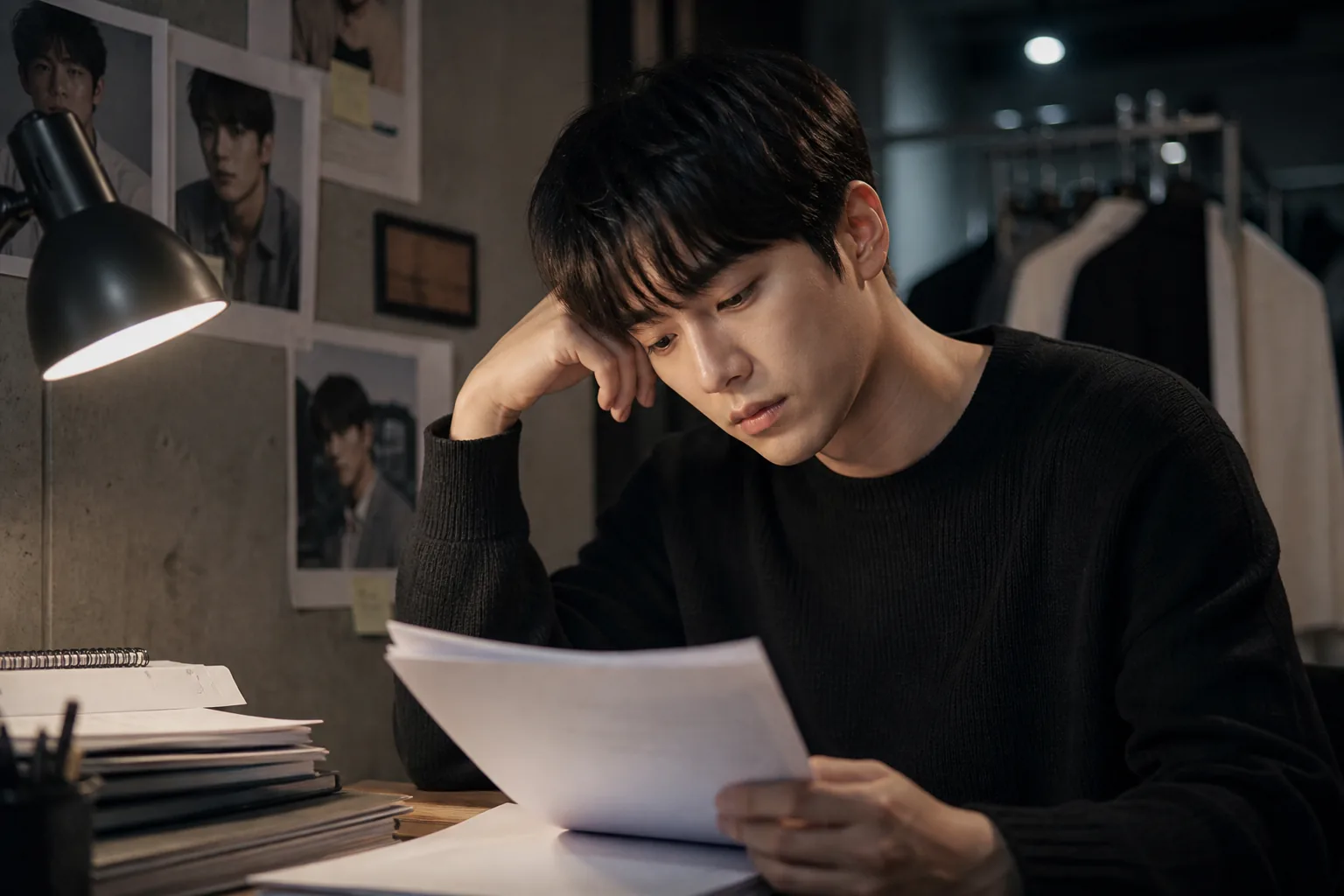 Korean actor preparing alone on a drama set after idol debut