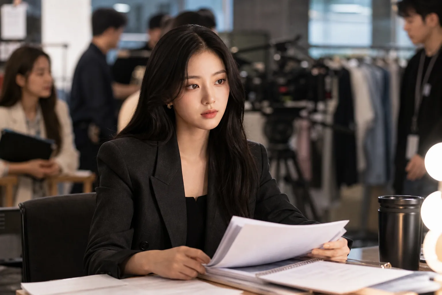 K-drama actress reviewing a script before filming