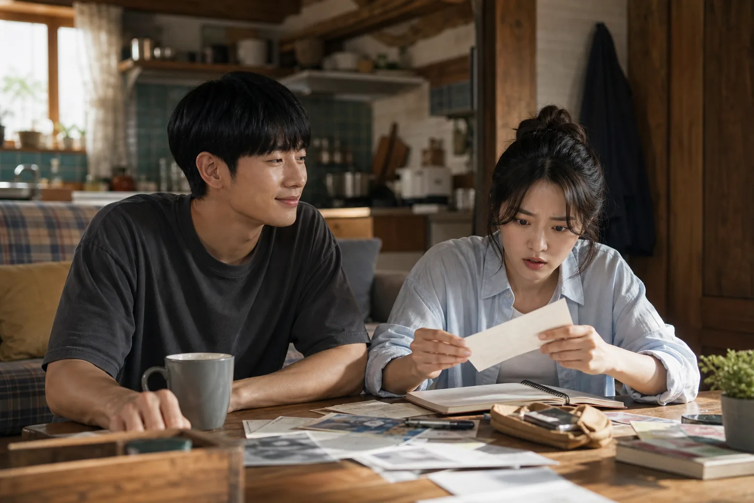 AI-generated K-drama mystery romance scene with clues and tension