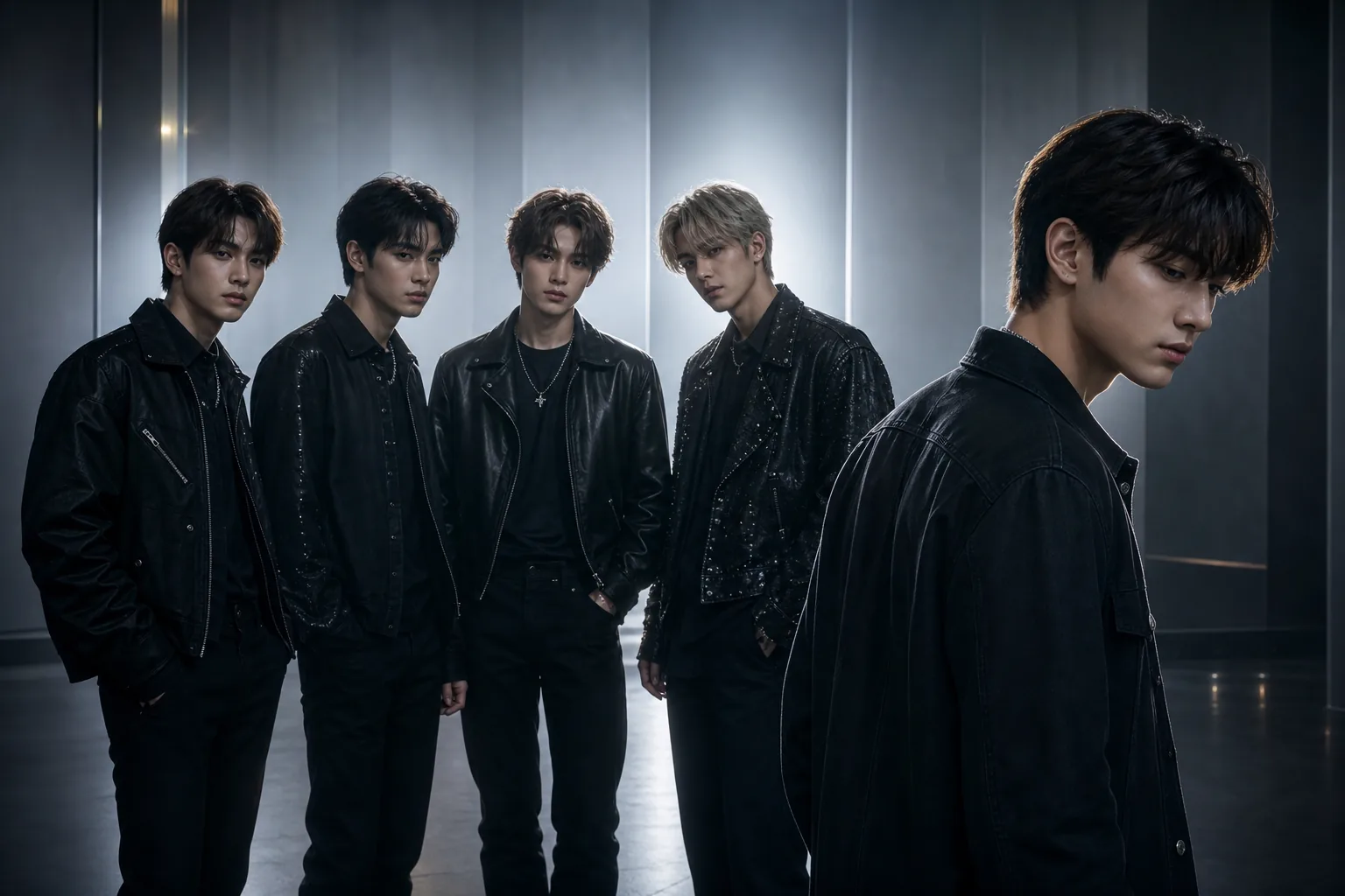 Editorial image of a five-member boy band concept with one member stepping away