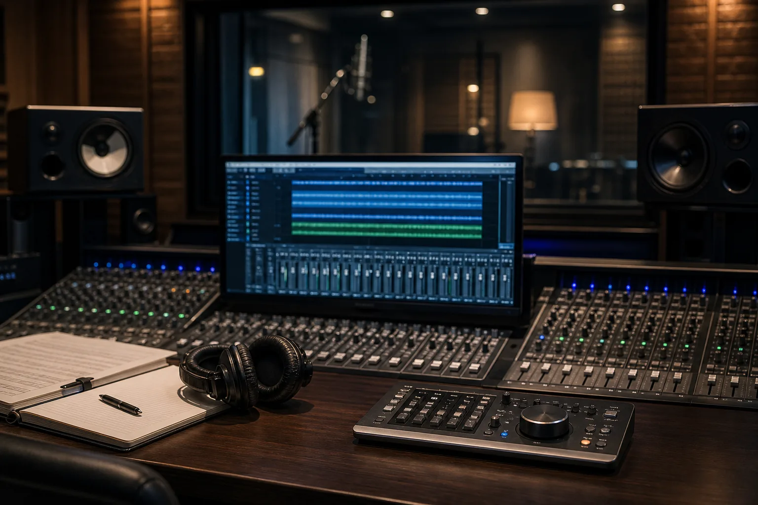 Audio waveform and studio monitors symbolizing melody comparison in a K-pop copyright case