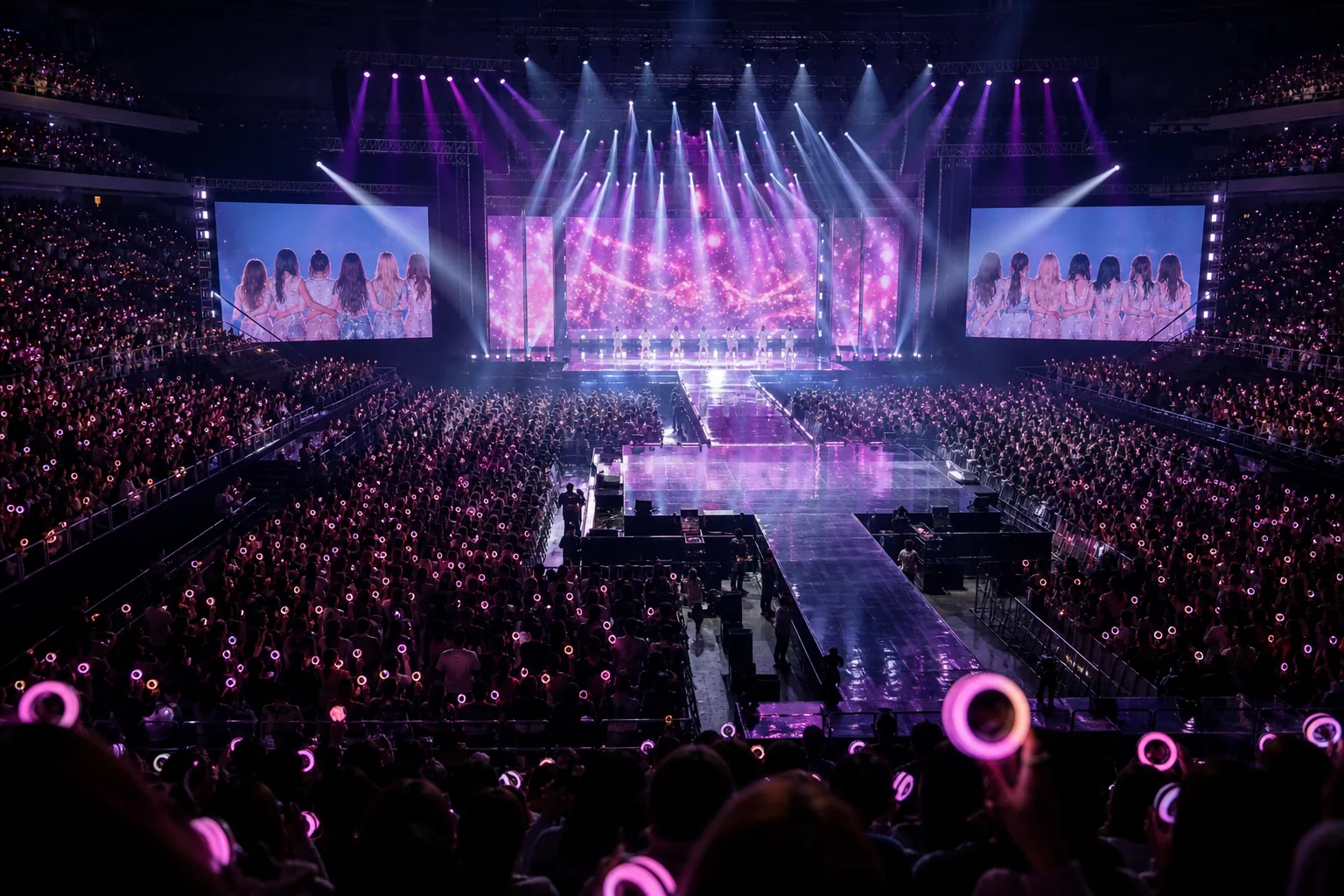 Large K-pop concert arena with light sticks during TWICE tour finale coverage