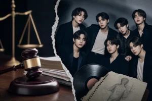 Editorial image representing a music copyright lawsuit involving BTS song Swim