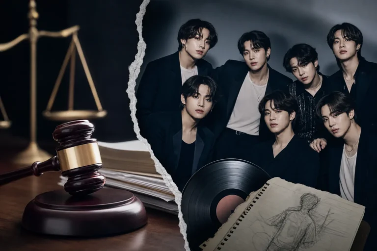 Editorial image representing a music copyright lawsuit involving BTS song Swim