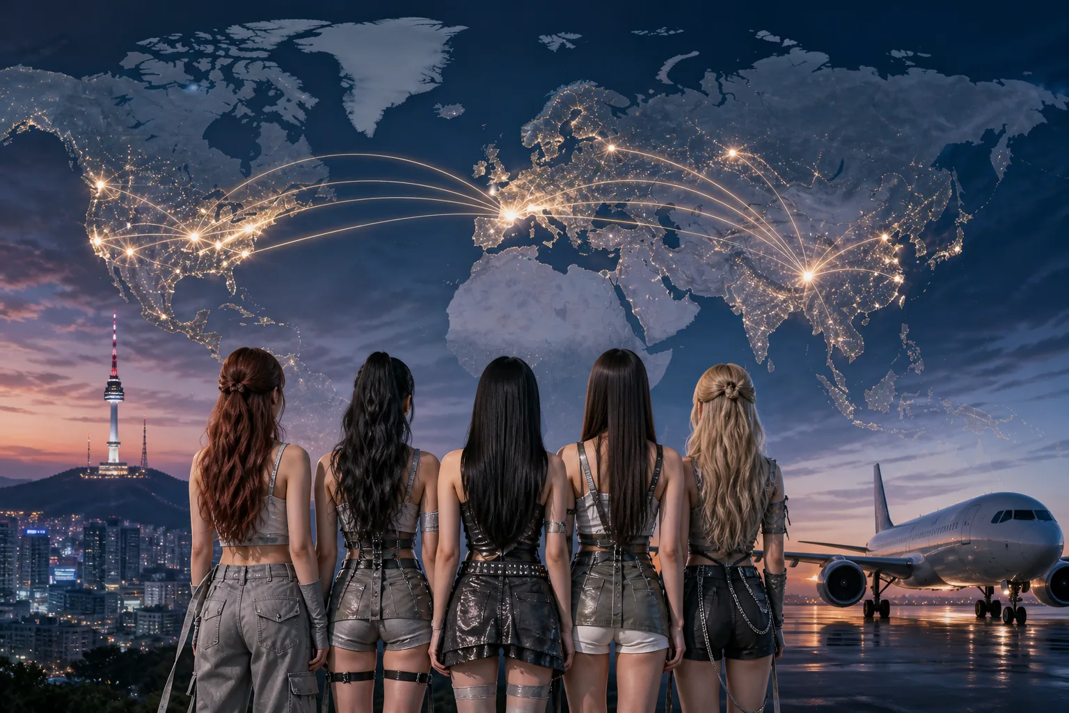 K-pop tour route concept showing concerts from Seoul to overseas cities