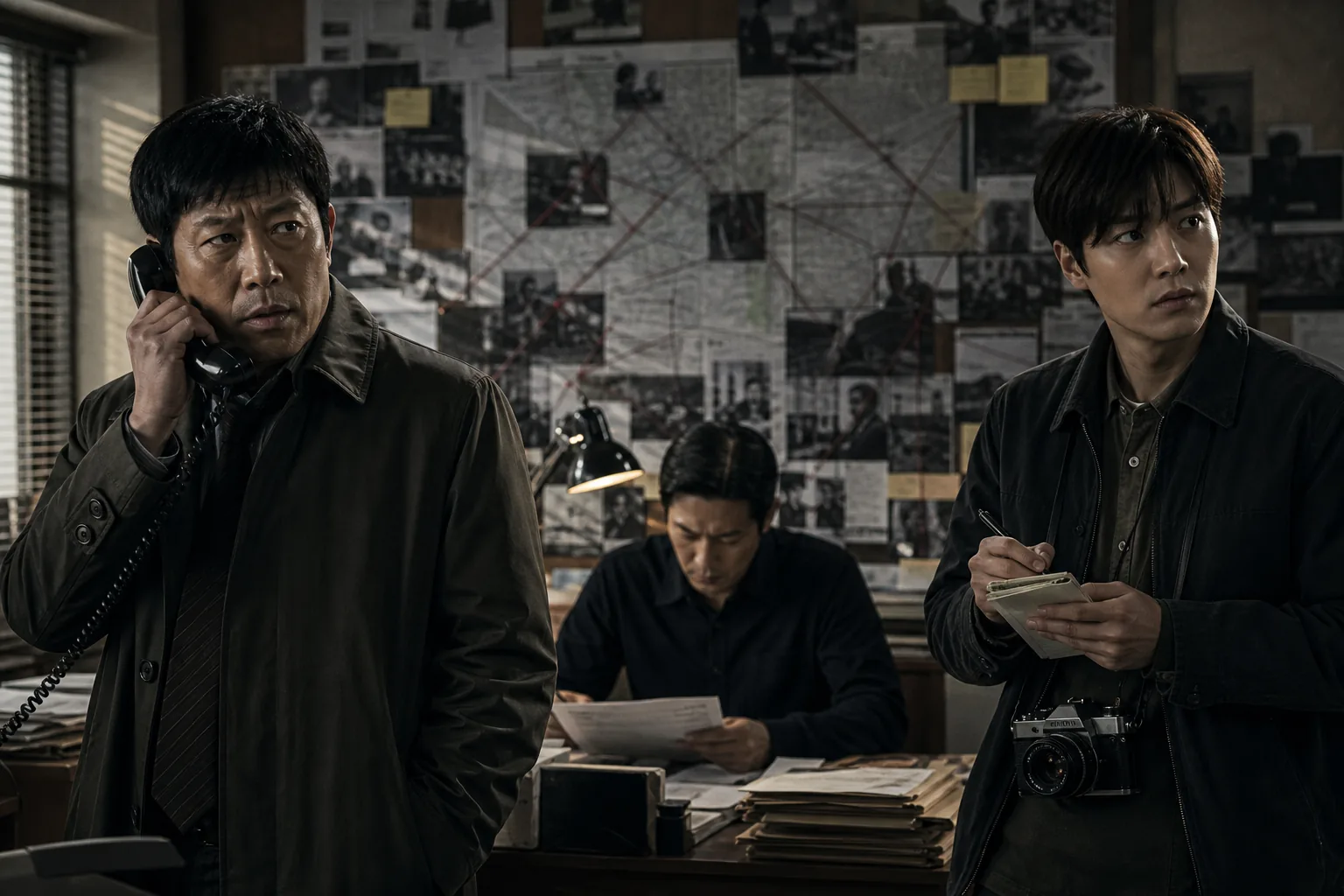 Investigative Korean film scene inspired by Assassin(s) posters