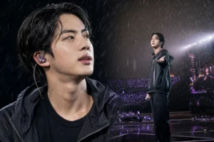 BTS Jin inspired editorial image about a rain-soaked concert memory