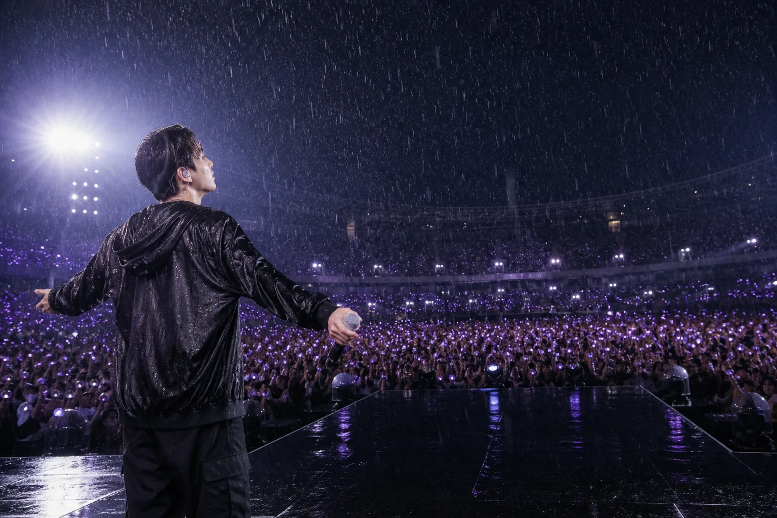 Rainy concert stage image representing BTS Jin choosing Goyang as a memorable tour moment