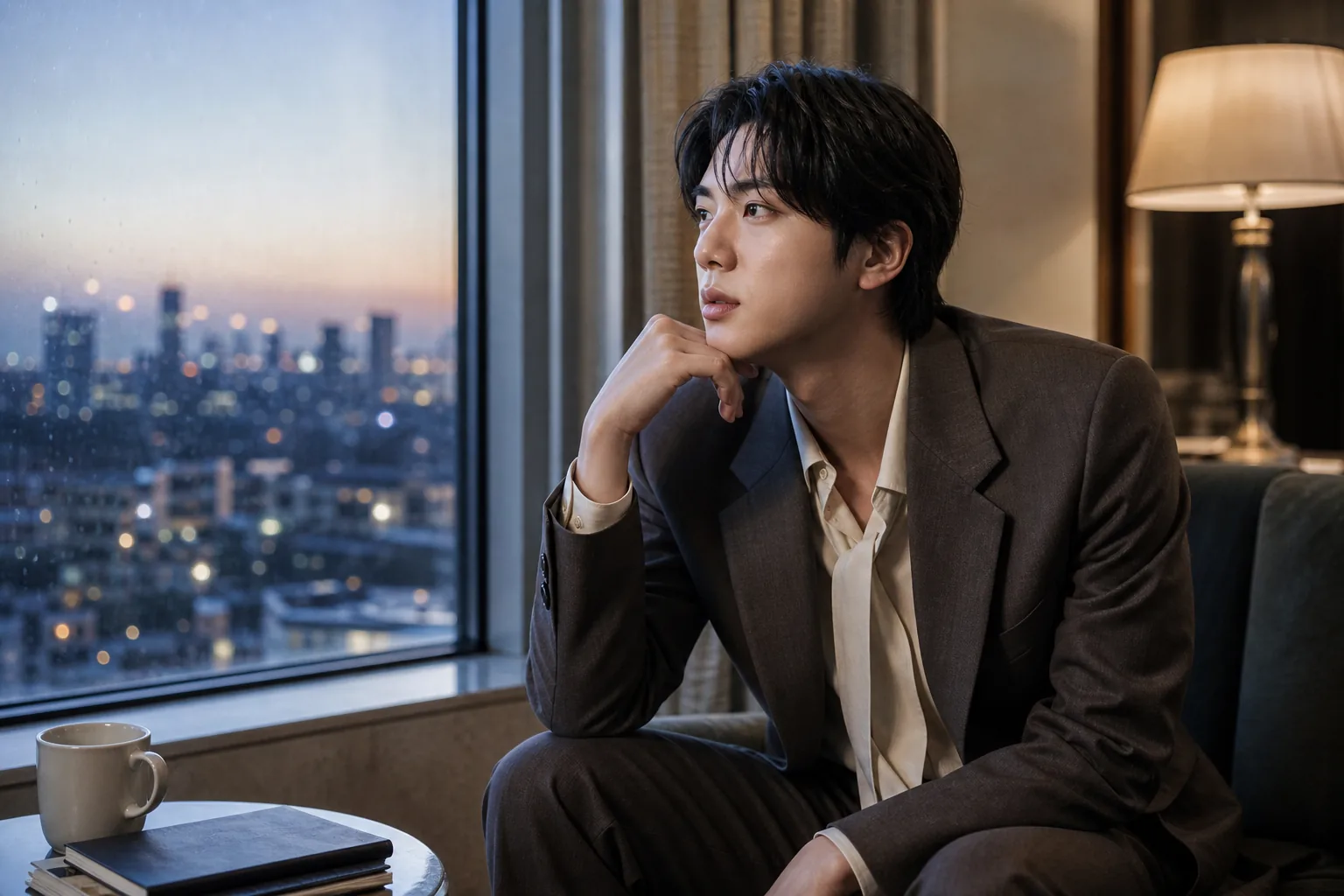 Editorial image symbolizing Jin reflecting on music, identity, and global fashion