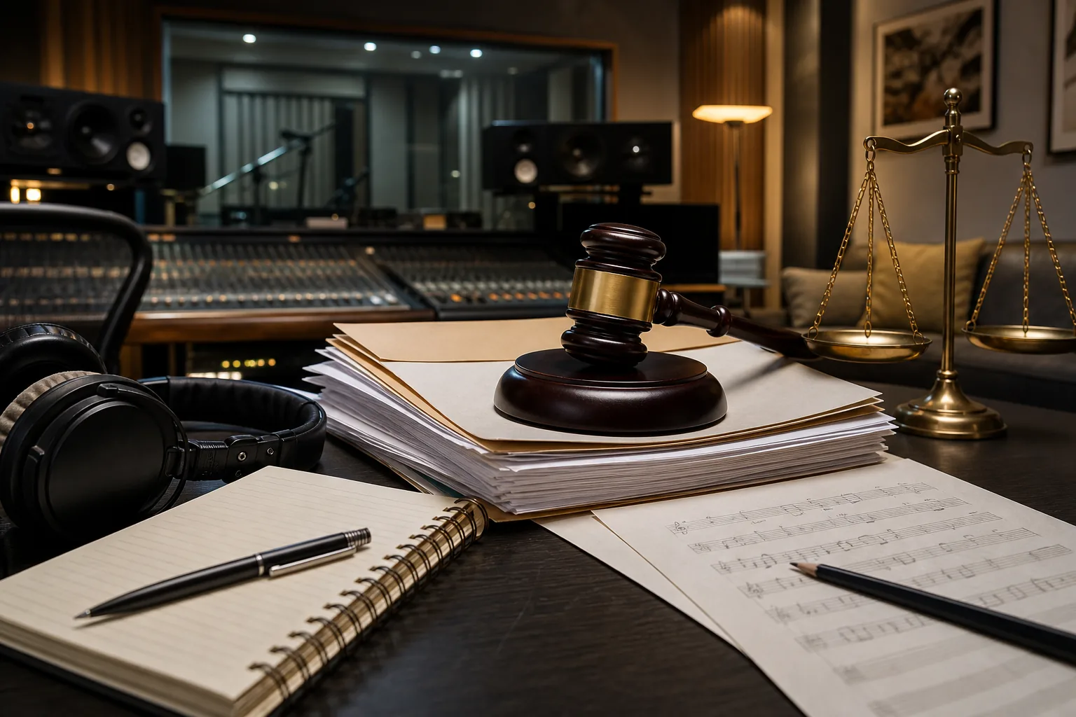 Music copyright lawsuit documents and studio equipment representing the BTS SWIM dispute
