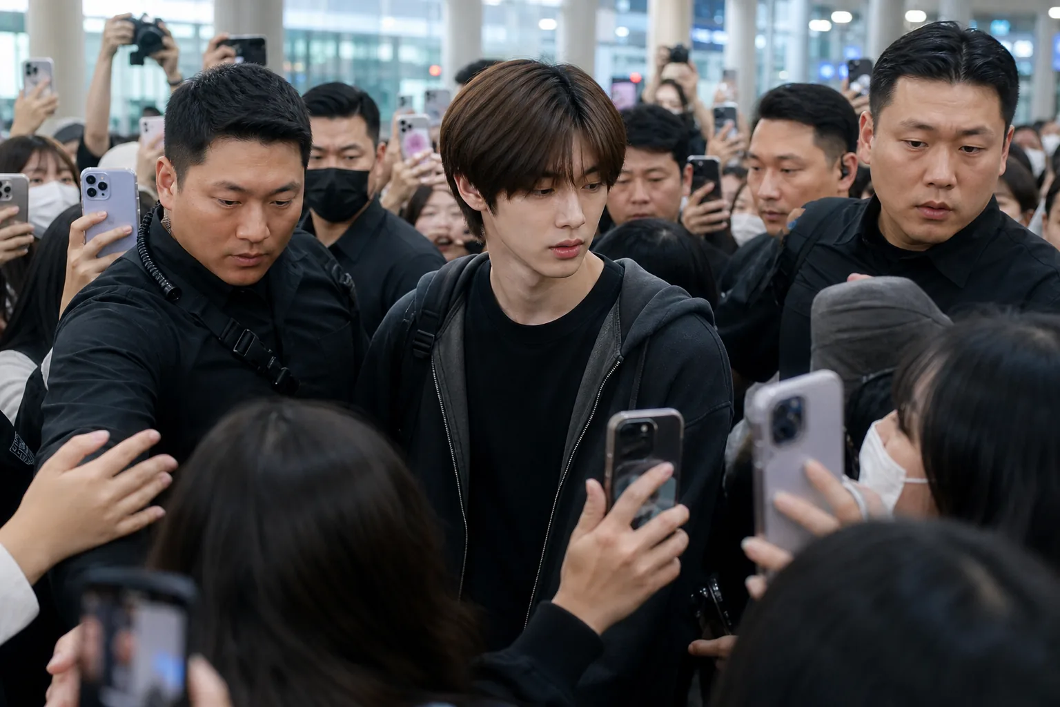 AI editorial image of fans and security boundaries at a K-pop airport appearance