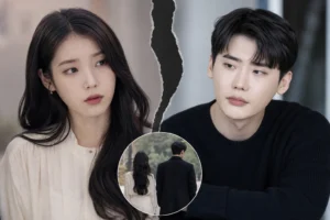 Editorial image representing IU and Lee Jong Suk breakup news and online fan reaction