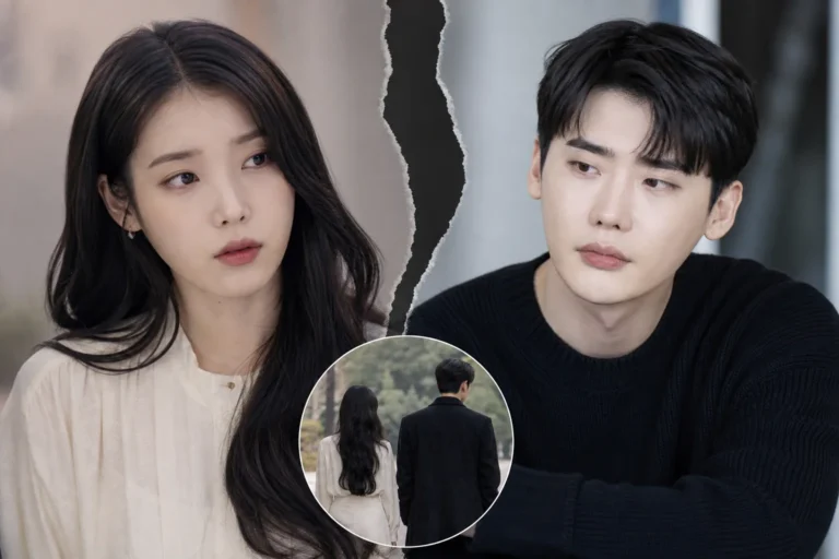 Editorial image representing IU and Lee Jong Suk breakup news and online fan reaction