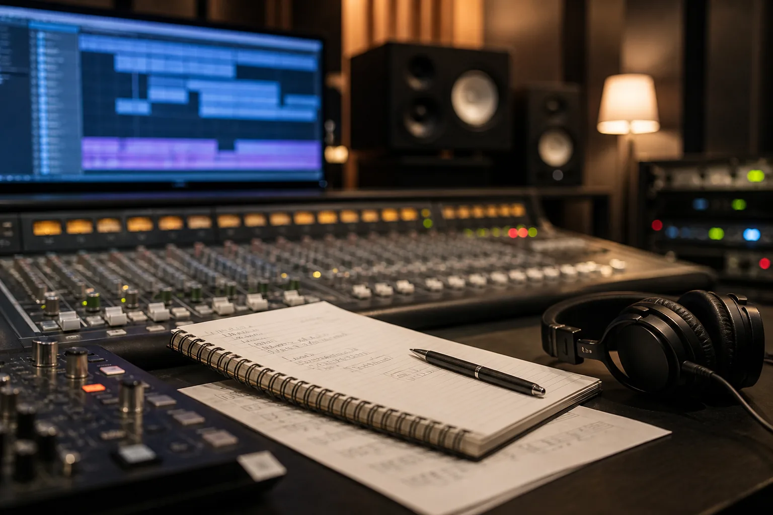 Music production desk visualizing copyright questions around BTS Swim