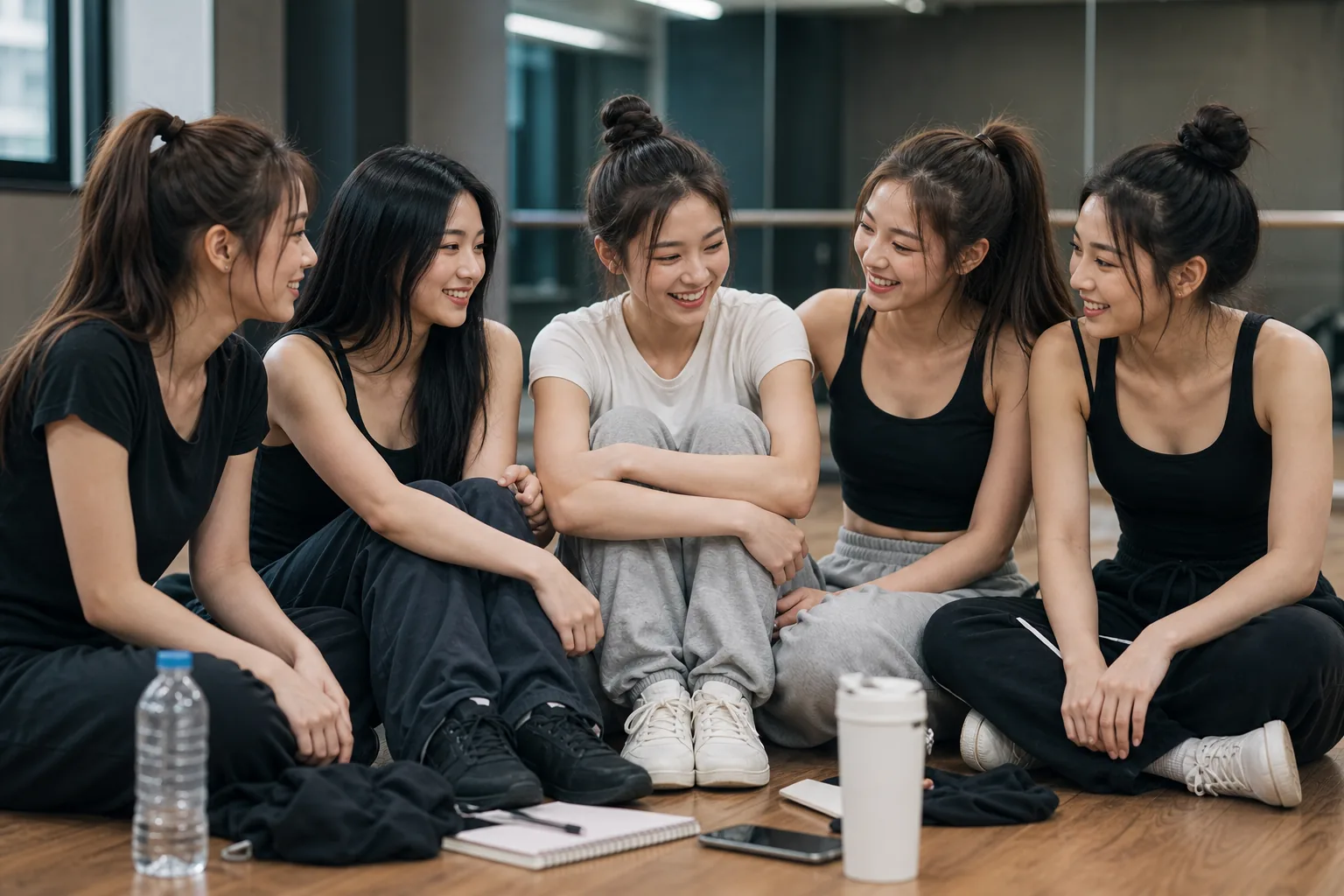 K-pop group members supporting each other during difficult trainee preparation