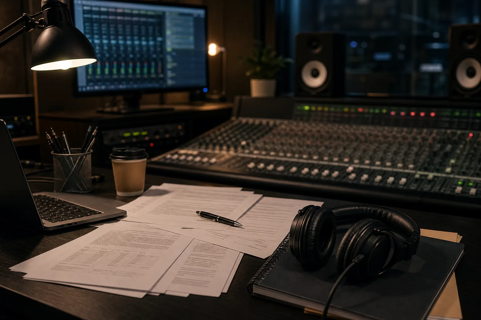 K-pop legal documents and studio equipment image for copyright dispute context