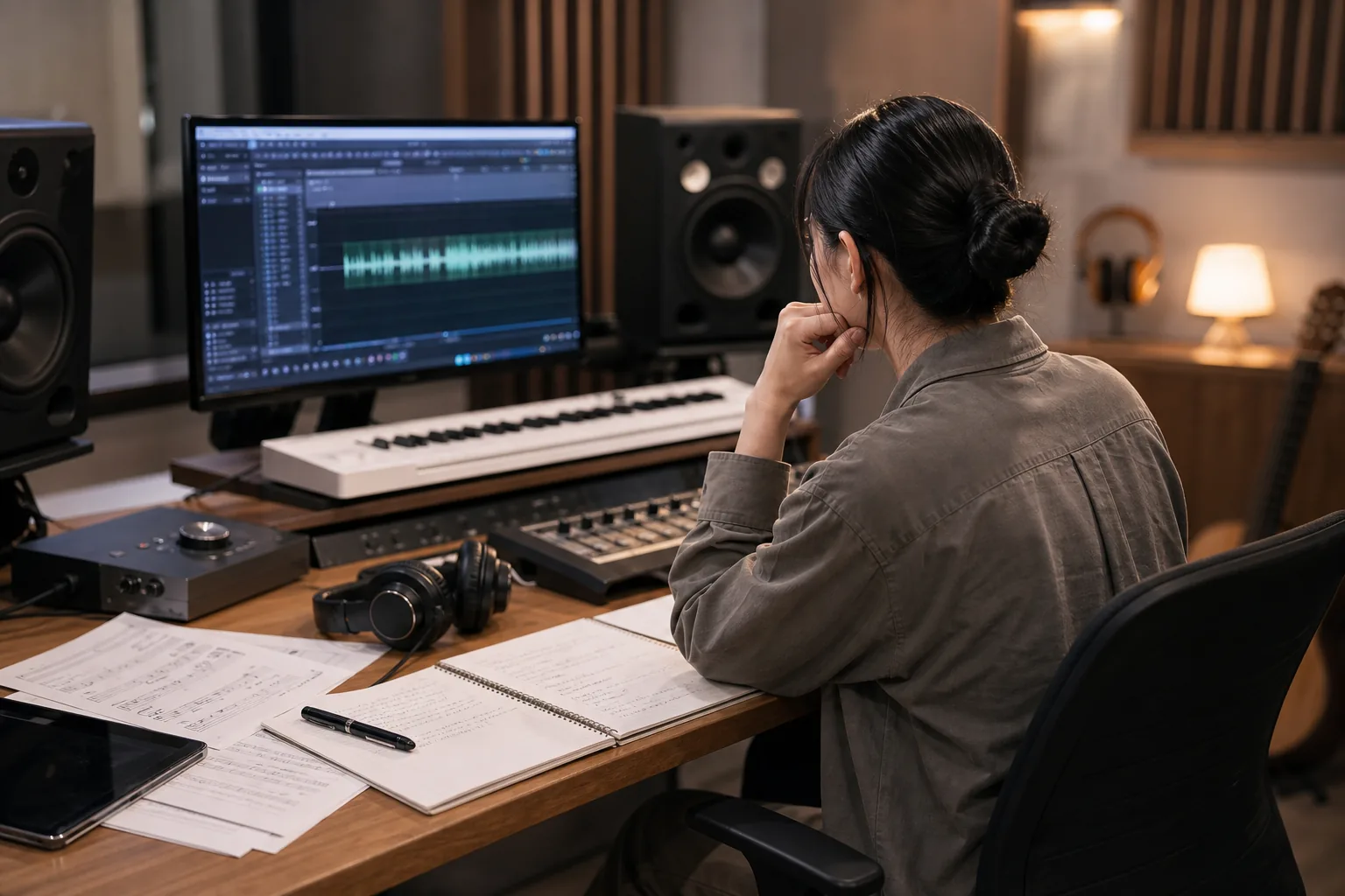 Music production desk representing topline review in NewJeans How Sweet dispute