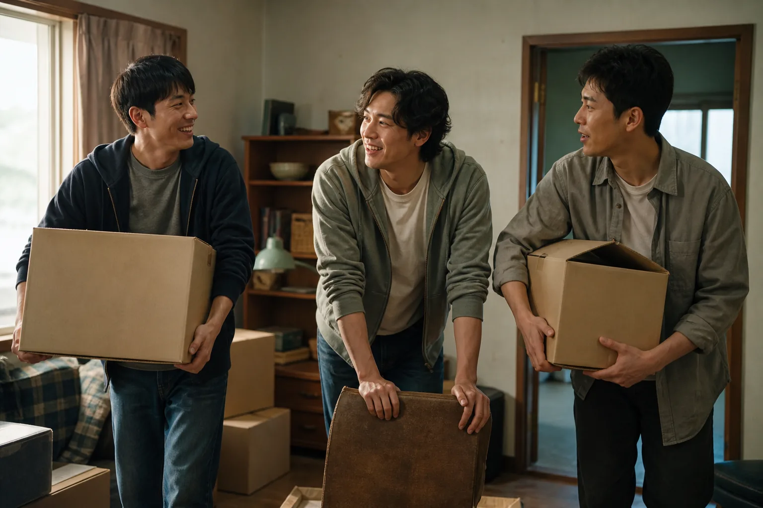 Three friends moving into a home in a warm K-drama flashback scene
