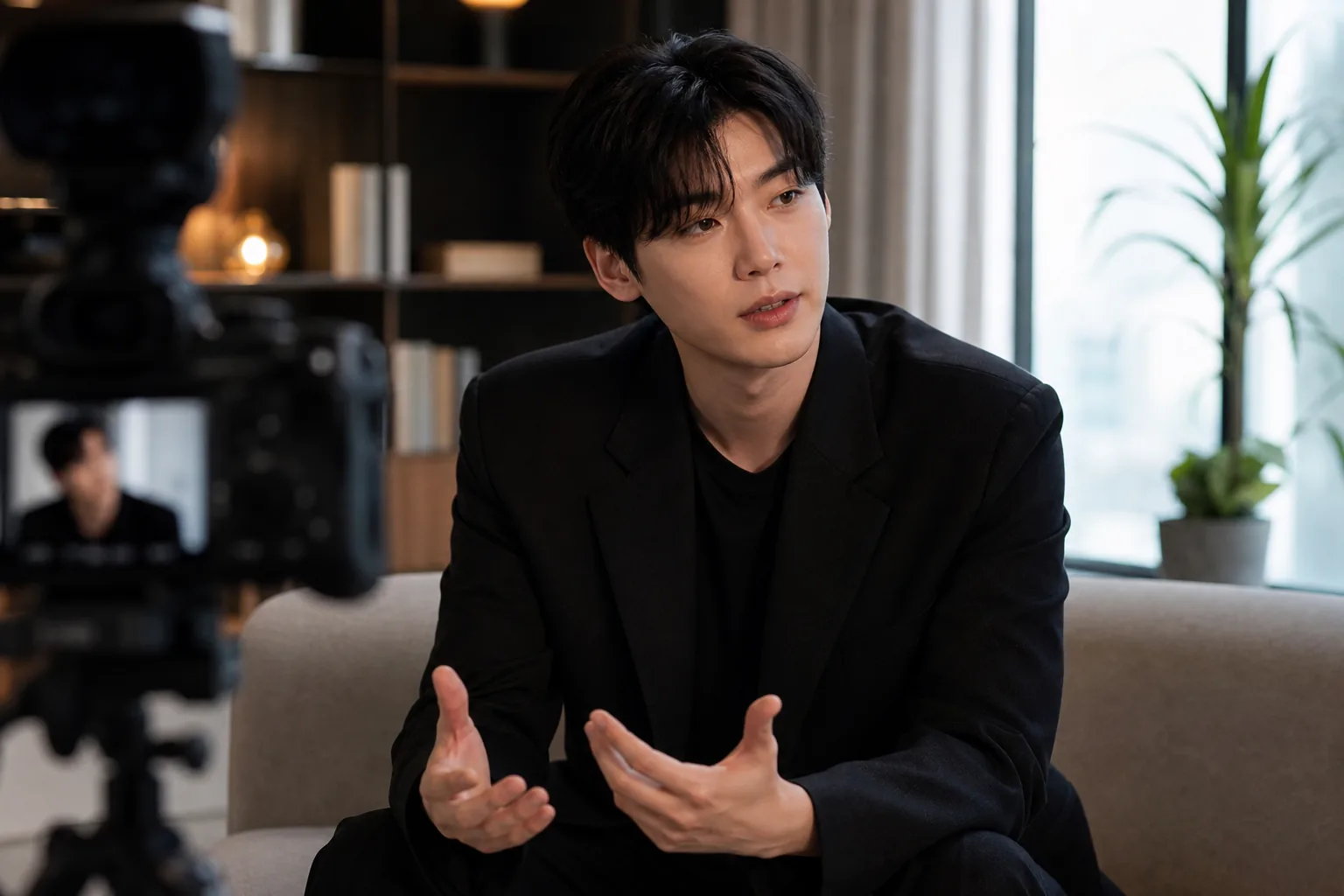 Entertainment newsroom illustrating discussion of IU and Lee Jong Suk breakup