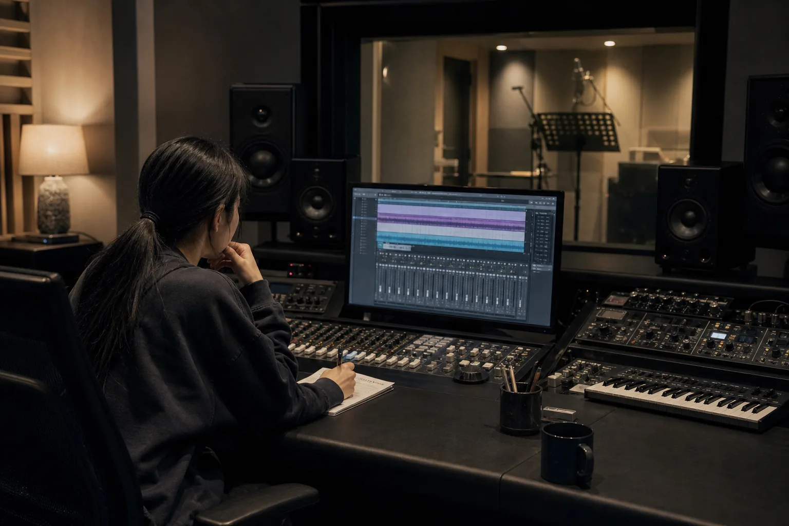 Close-up of music production equipment during copyright review