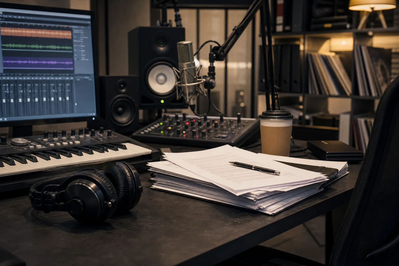 Legal documents and headphones symbolizing K-pop copyright disputes