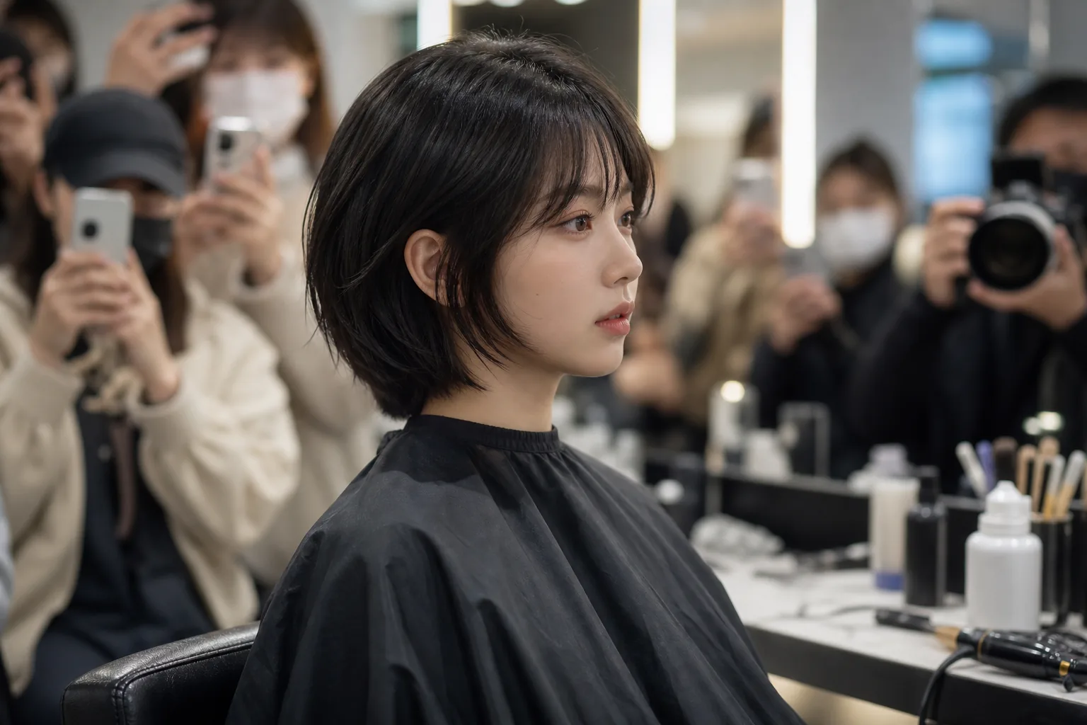 Salon chair and camera lights representing public debate around female celebrity hairstyles