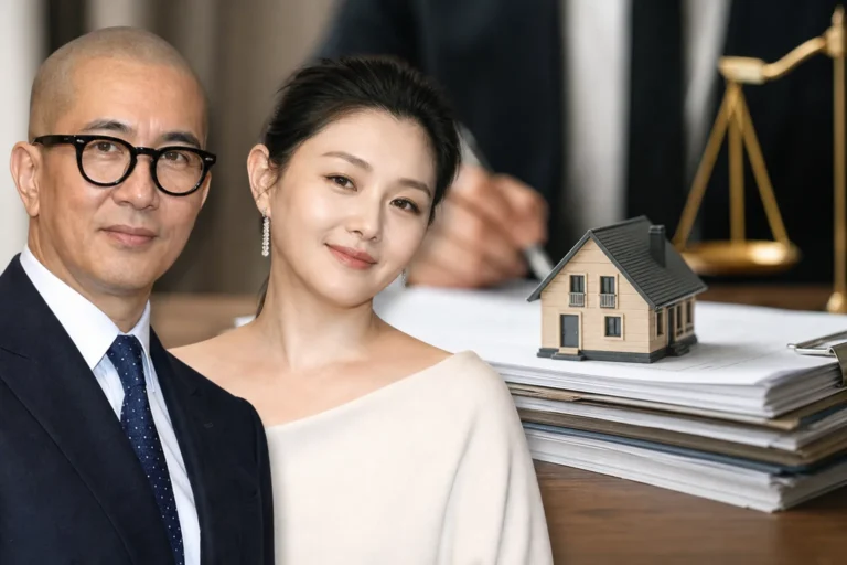 Estate documents and a quiet city skyline representing the inheritance proceedings involving Koo Jun Yup and late Barbie Hsu