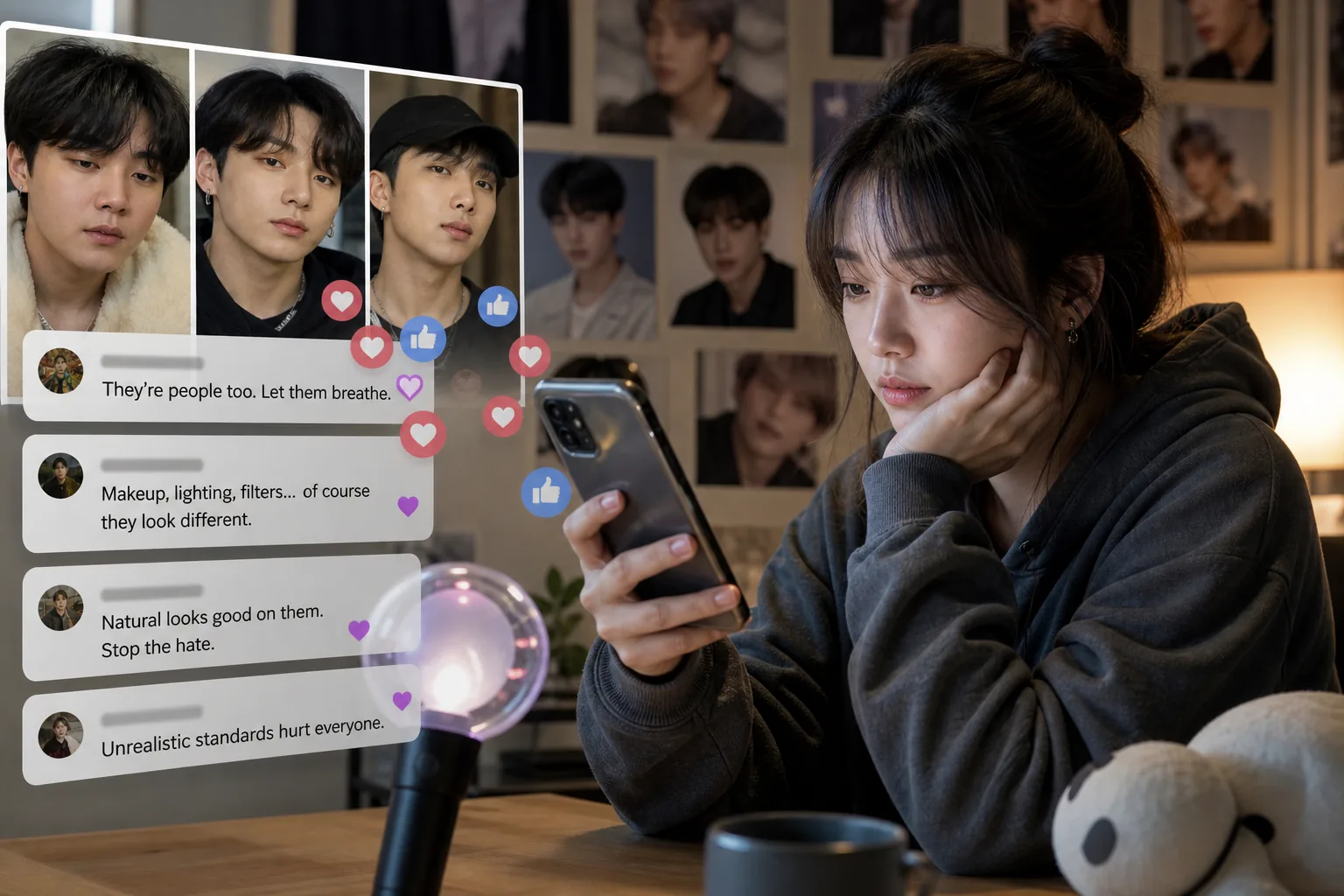Social media discussion about natural K-pop idol visuals and fan reactions