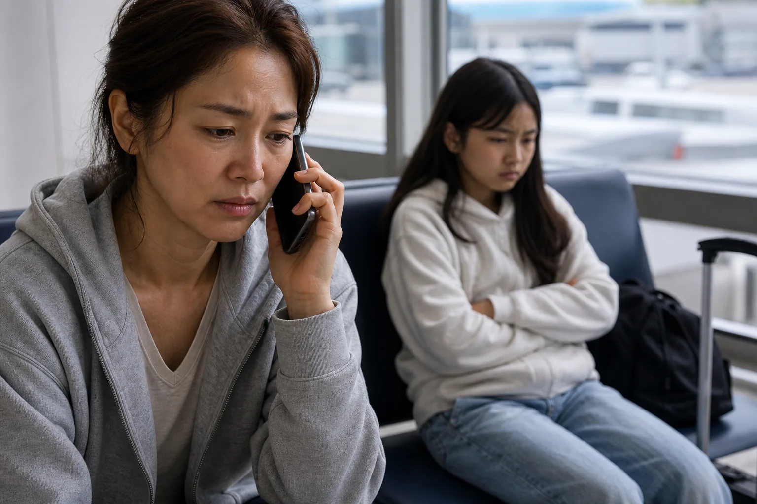 Mother and daughter phone call scene representing a tense family moment on Korean variety television