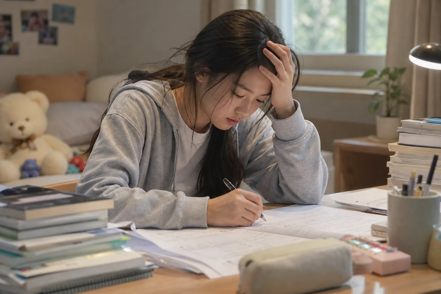School desk and exam papers symbolizing academic pressure during adolescence