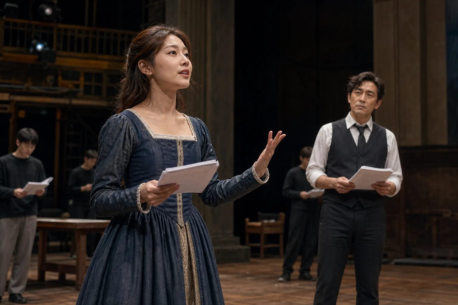 Actor rehearsing on a Korean theater stage under warm lights