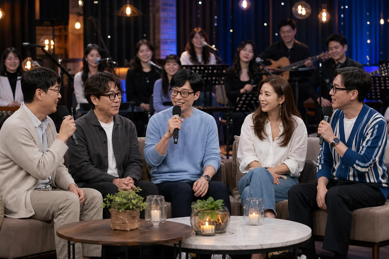 Korean variety show panel listening to performers in a warm studio setting