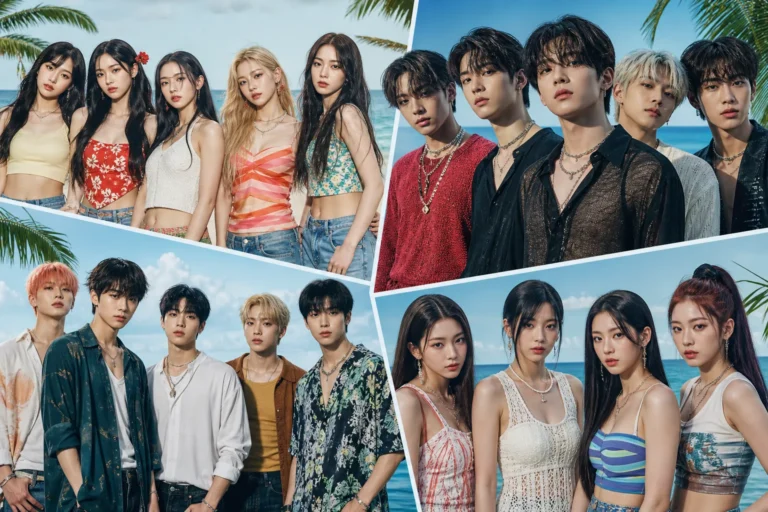 K-pop summer comeback strategy with stage lights and global music promotion