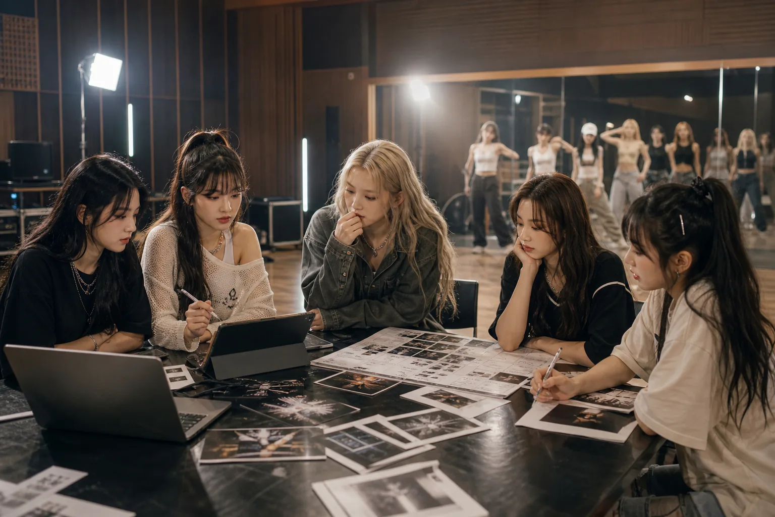 K-pop artists preparing summer album promotions in a modern studio