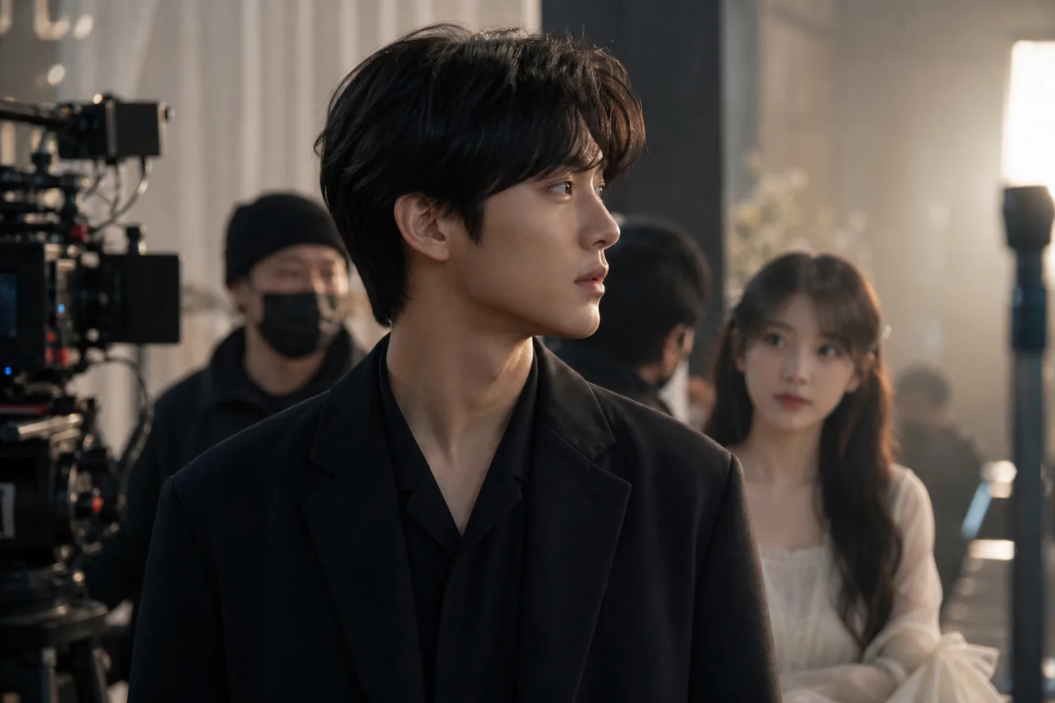 Actor preparing on a modern Korean music video set for an IU remake album story