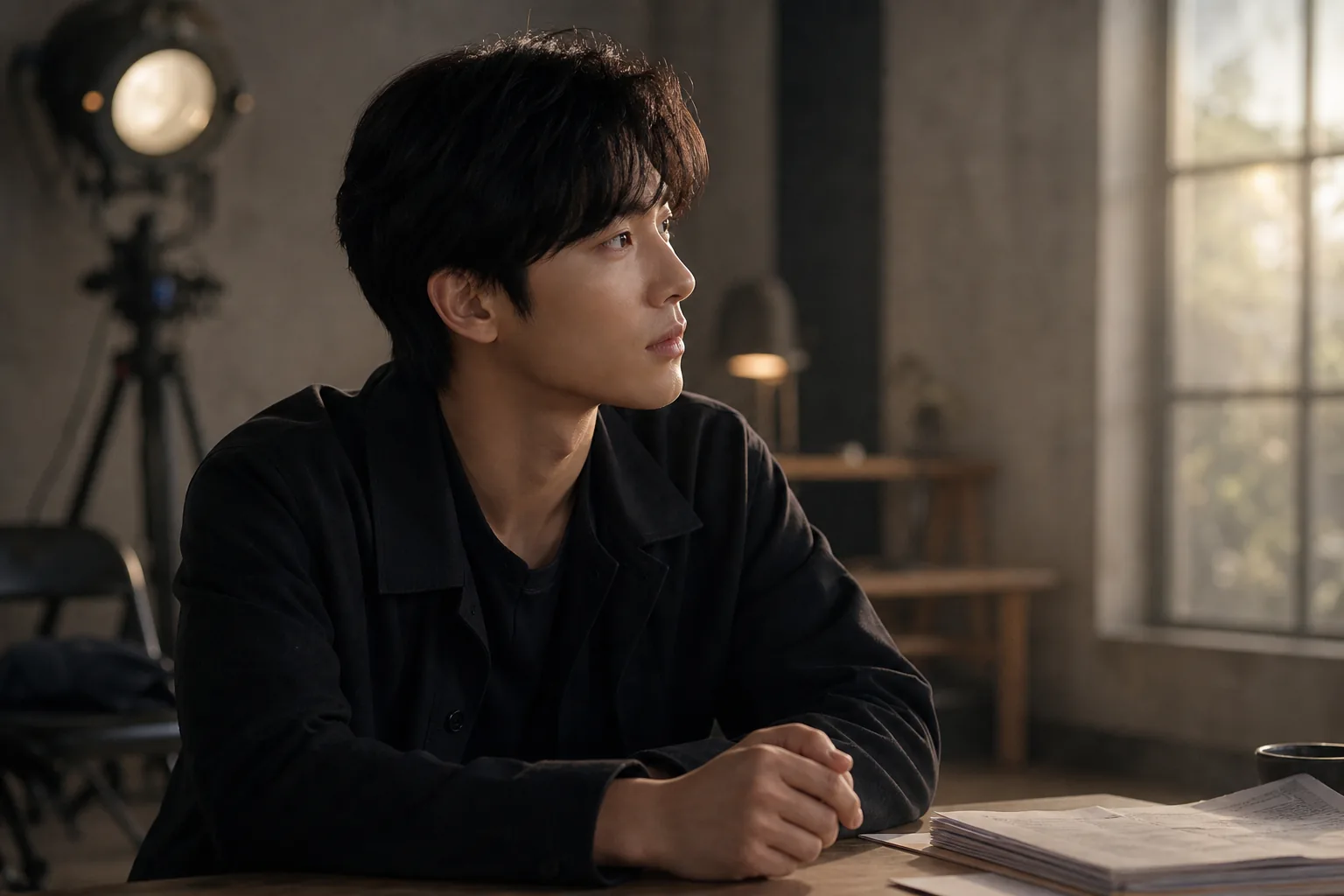 Quiet rehearsal space symbolizing a Korean actor's persistence through small roles