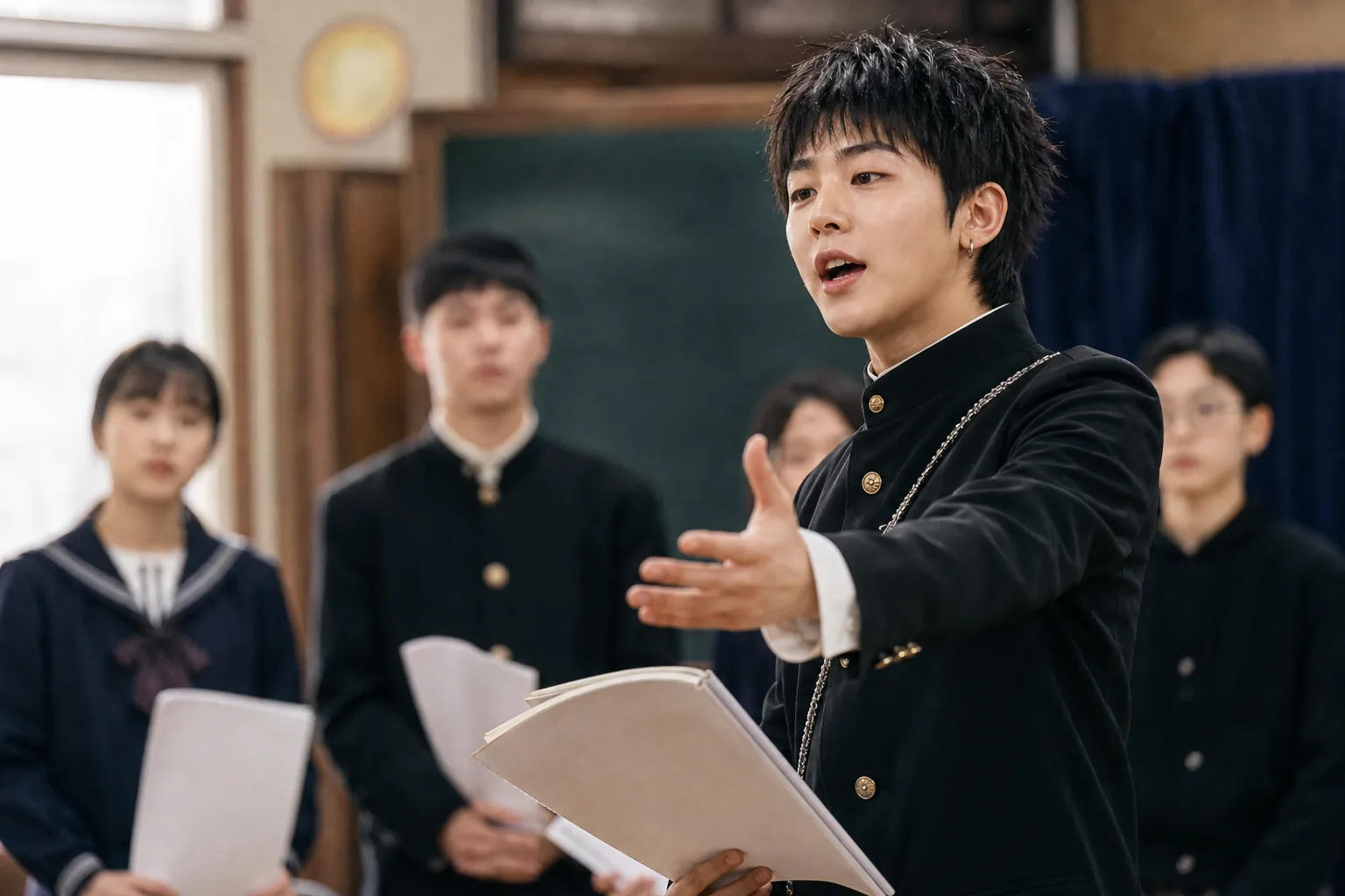 Classroom and stage scene representing G-Dragon's early performance talent