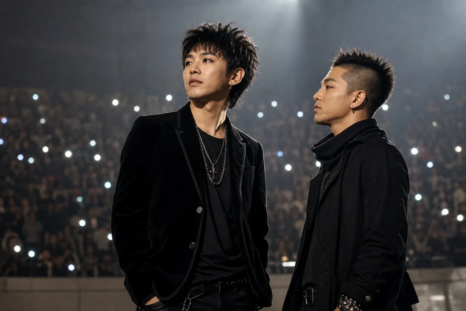 K-pop stage lights representing G-Dragon's path from student performer to idol