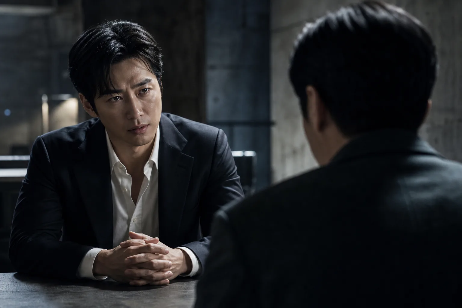 K-drama thriller confrontation reflecting Kang Tae Joo's tense meeting in The Husband