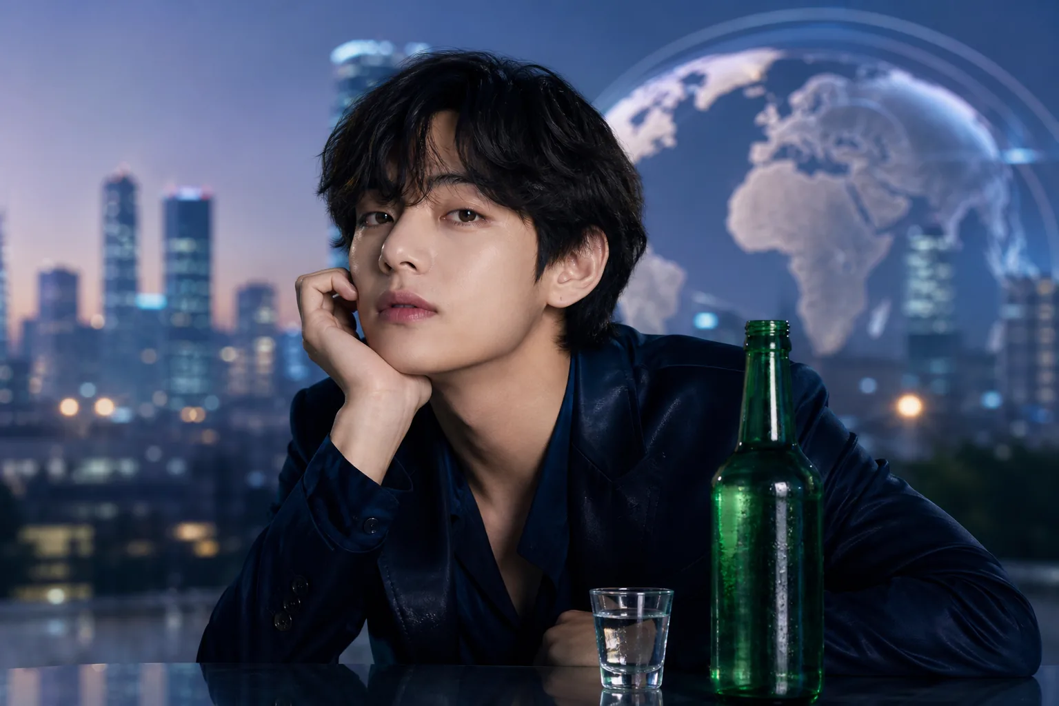 AI editorial image of a modern global soju campaign launch