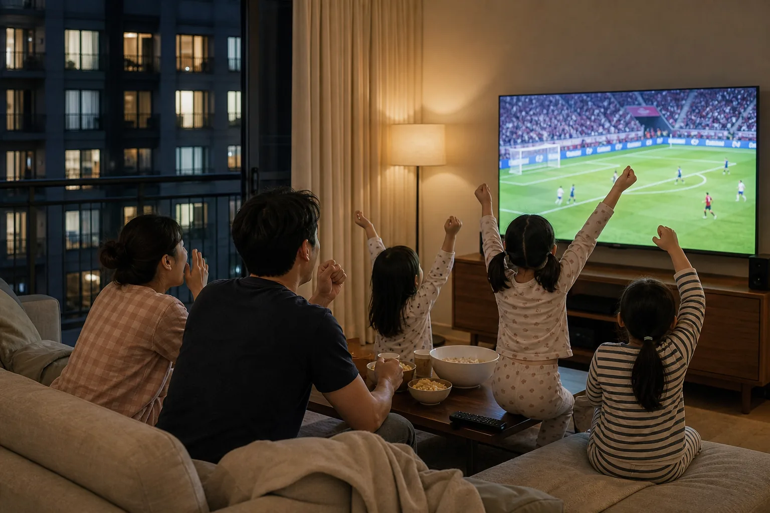 Family watching an early morning football match in an apartment living room