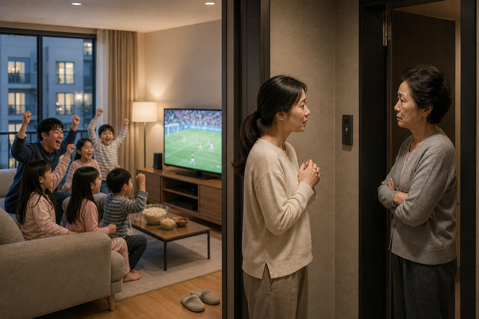 Apartment hallway representing neighbor concerns and public apology in Korean entertainment news