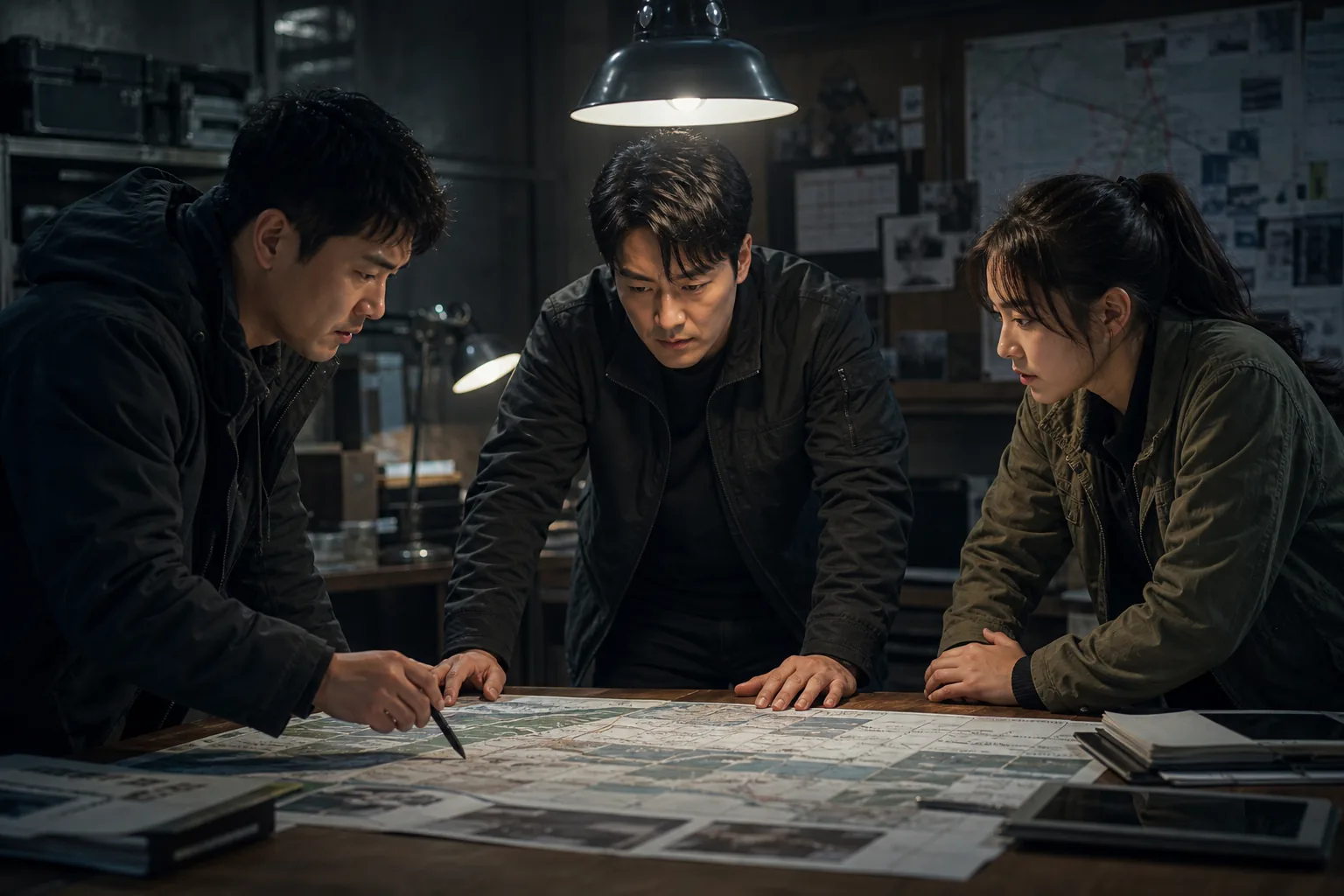 Three allies planning a tense rescue operation in a Korean action drama setting