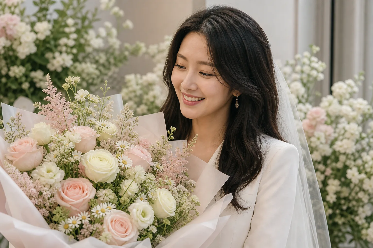 AI editorial image of wedding flowers for Oh Yoon Ah remarriage update