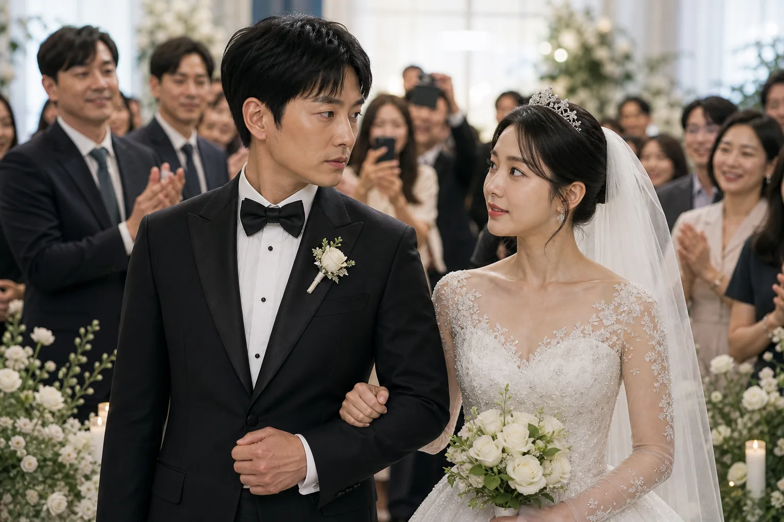 Fake wedding scene setting up The Apartment Job premiere
