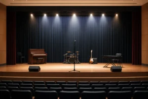 A quiet school stage evoking G-Dragon's early performance memories before BIGBANG