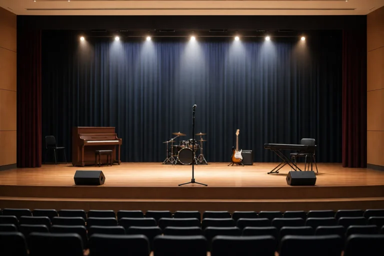 A quiet school stage evoking G-Dragon's early performance memories before BIGBANG