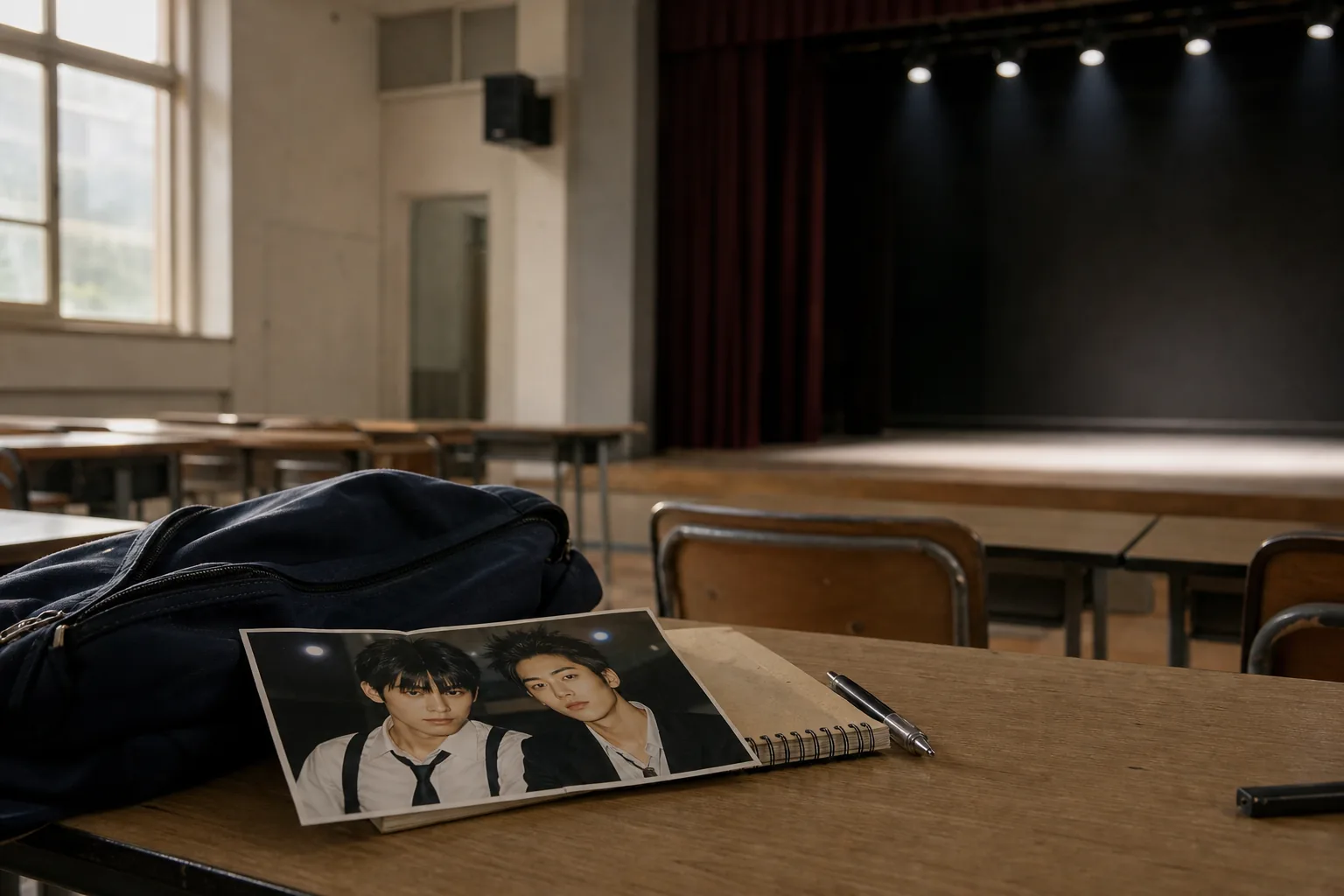 Empty classroom and music notes symbolizing the roots of a future K-pop star