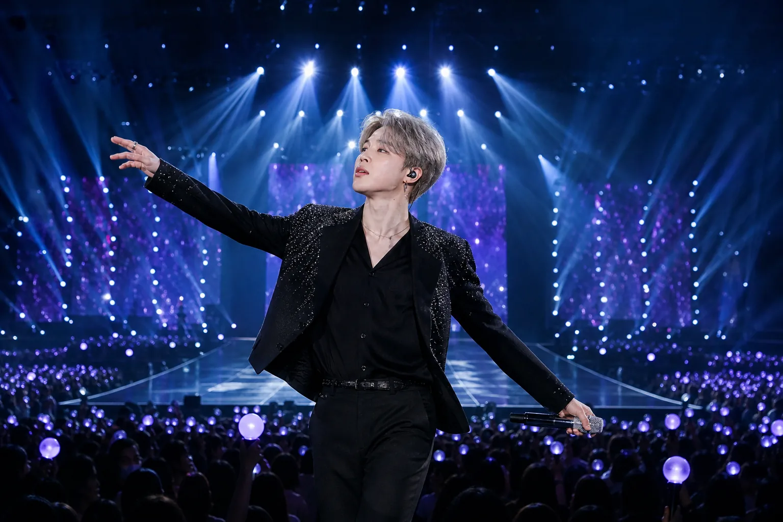 Modern concert lights symbolizing Jimin's recognition as a global K-pop performer