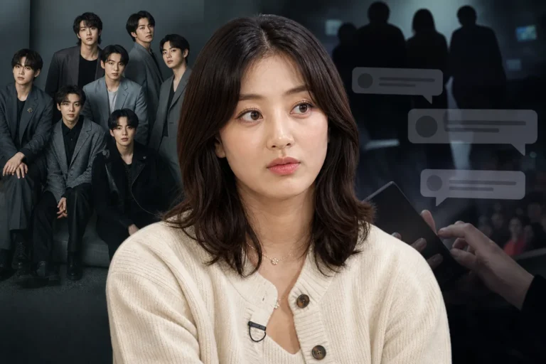 Editorial image representing TWICE Jihyo interview comments about BTS and global K-pop